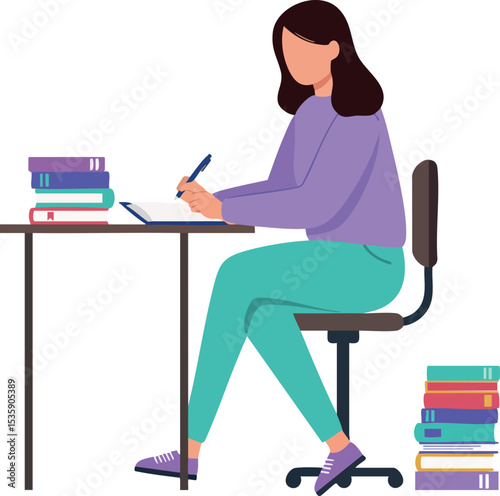 Woman studying at desk with books wearing purple top and teal pants sitting on chair vector illustration 