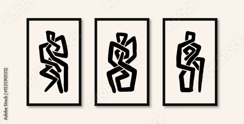 Abstract art of three different paintings of abstract shapes in the shape of people made with thick strokes on paintings mounted on the wall