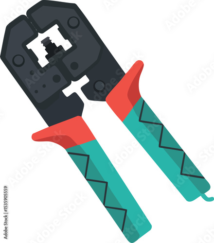 Wire crimping tool with red and teal handles flat vector illustration for electrical work 