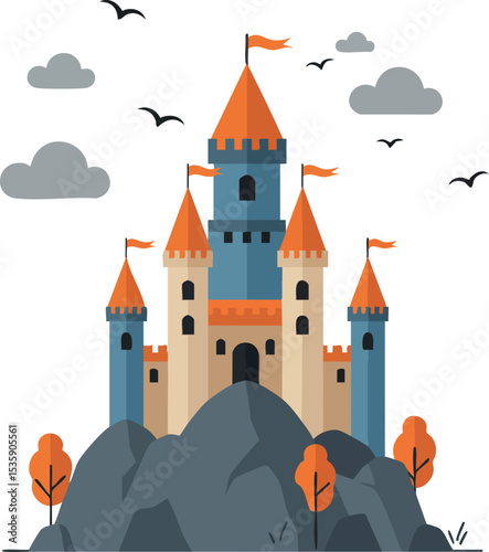 Medieval castle with orange flags on rocky hill under cloudy sky vector illustration 