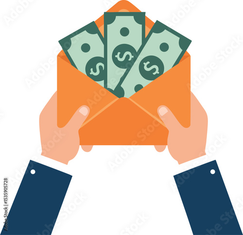 Hands Holding Orange Envelope with Dollar Bills Money Vector Illustration 