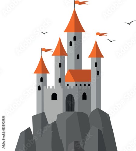 Medieval castle with orange roofs on rocky hill vector illustration design 
