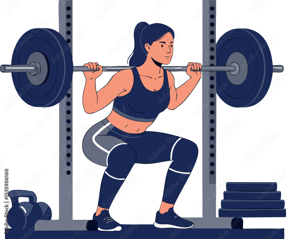Fototapeta premium Woman performing barbell squat exercise in gym fitness workout routine vector illustration 