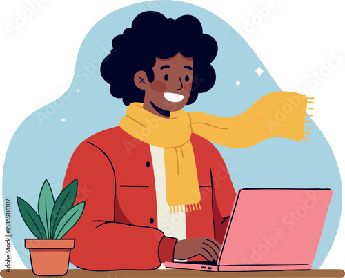 Person wearing yellow scarf working on laptop with plant on desk vector illustration 