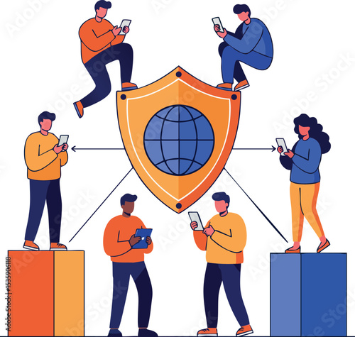 Digital security shield with connected people using mobile devices vector illustration 