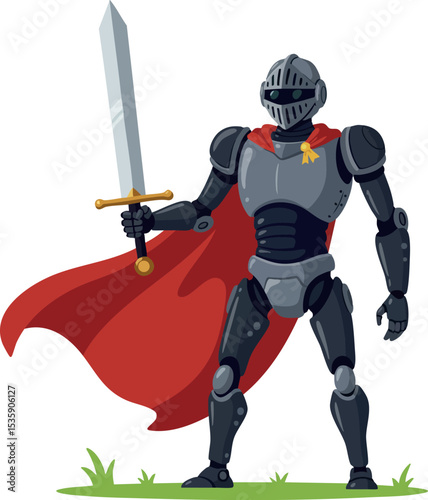 Medieval knight in black armor holding sword with red cape standing on grass vector illustration 