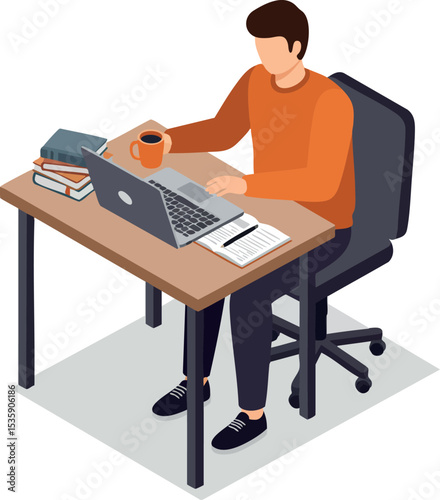 Man Working on Laptop Drinking Coffee at Desk with Books and Notebook Vector Illustration 