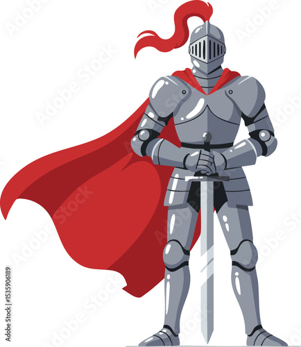 Medieval knight in shining armor with red cape and sword vector illustration