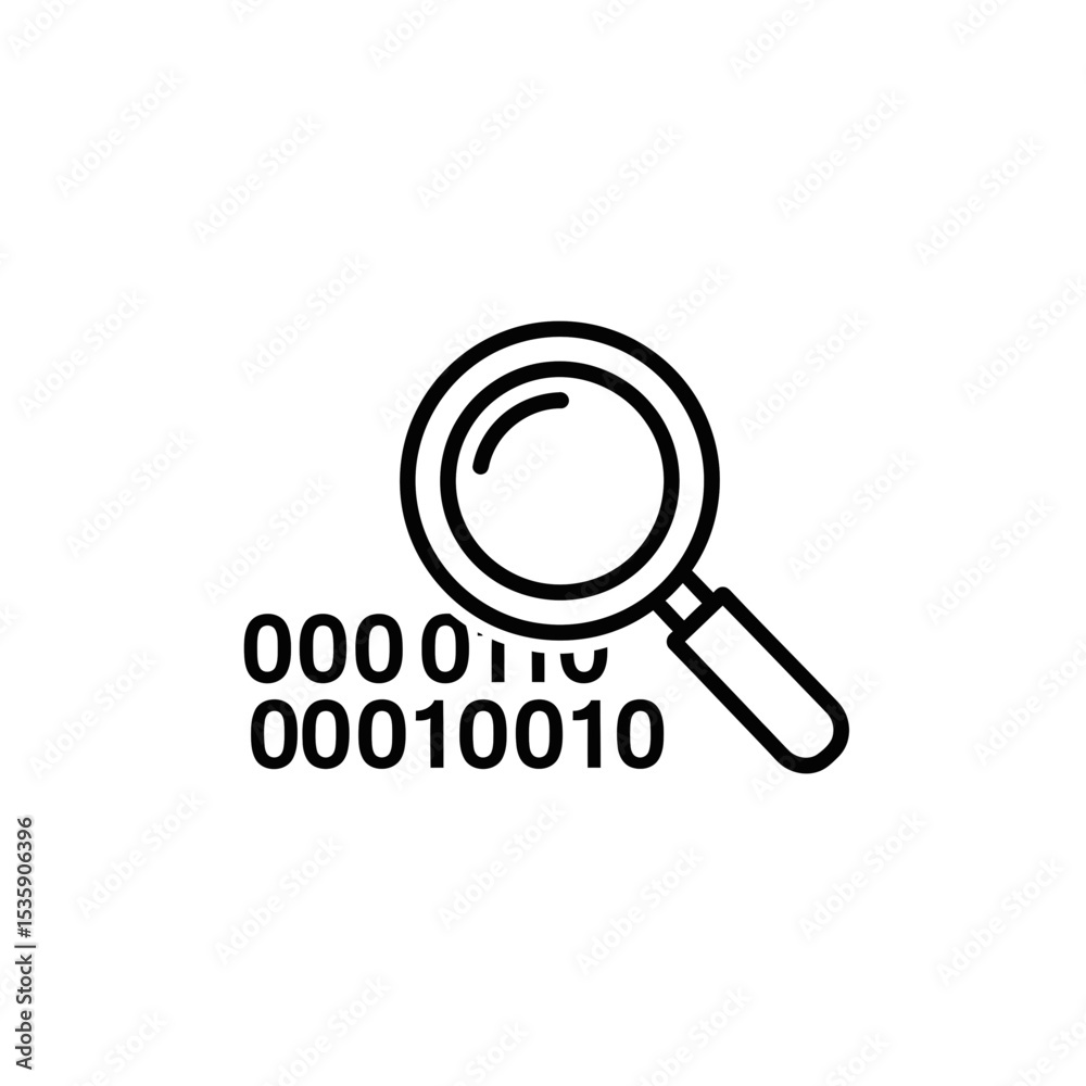Magnifying glass examining binary code in artificial intelligence icon Magnifying glass examining binary code in artificial intelligence icon