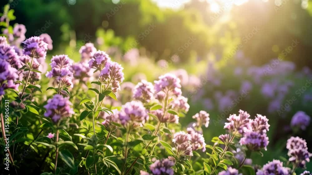 Sunlit meadow filled with clusters of small purple flowers and green foliage in natural outdoor setting