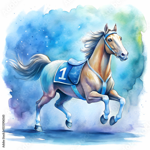 Exciting equestrian adventure featuring a colorful horse in action during a whimsical jumping competition for children