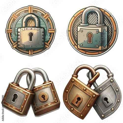 Vintage padlocks with decorative designs in metallic colors  