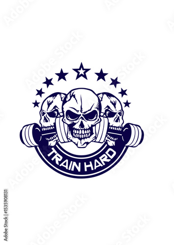 train hard citation musculation tete de mort haltere logo