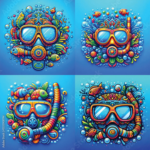 Colorful underwater diving masks surrounded by marine life elements  
