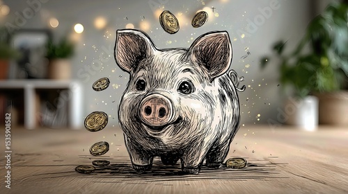 Hand drawn sketch style drawing of piggy bank with money dropping into piggy bank , Match the proportion of real-life scenarios, 
