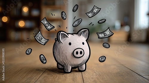 Hand drawn sketch style drawing of piggy bank with money dropping into piggy bank , Match the proportion of real-life scenarios, 