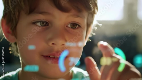 Curious Caucasian Young Boy Touching Object in Sunlit Room                                                     