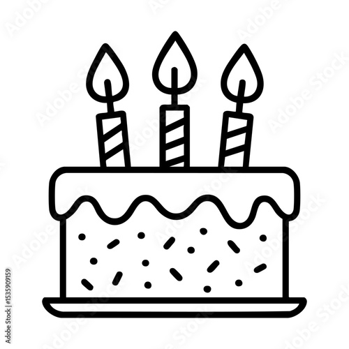 Minimalist black and white vector icon of a birthday cake with three candles and sprinkles. Perfect for greeting cards, party invitations, web use, stickers, and print design in modern style.