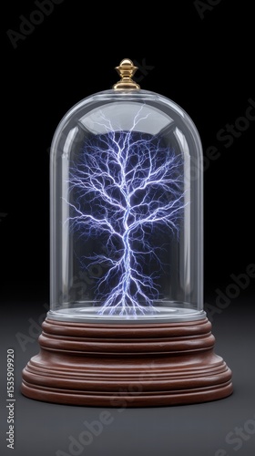Experiment physics controlled concept. A glowing tree-like structure encased in glass, showcasing intricate electrical patterns.