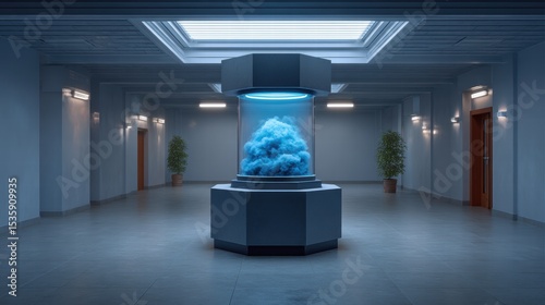 Experiment physics controlled concept. Modern interior featuring a central display with blue elements, surrounded by sleek architecture.