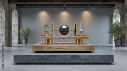 Experiment physics controlled concept. Sleek modern display featuring artistic objects on a textured surface in a minimalist setting.