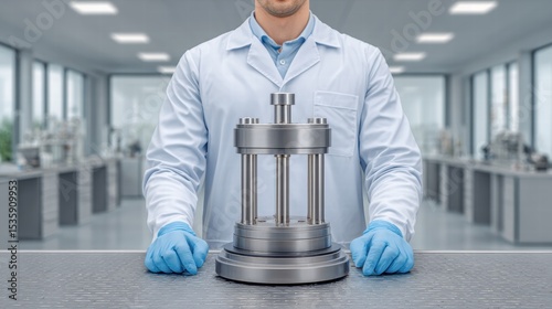 Experiment physics controlled concept. A researcher in a lab coat holds a metal apparatus on a workbench in a modern laboratory setting.