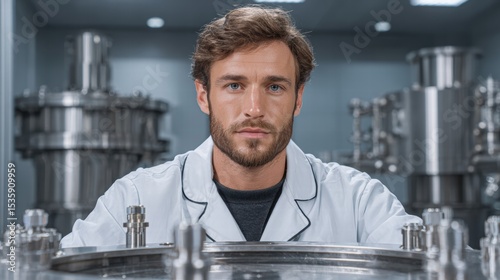 Experiment physics controlled concept. Professional man in lab coat in a modern industrial setting, focused on his work.
