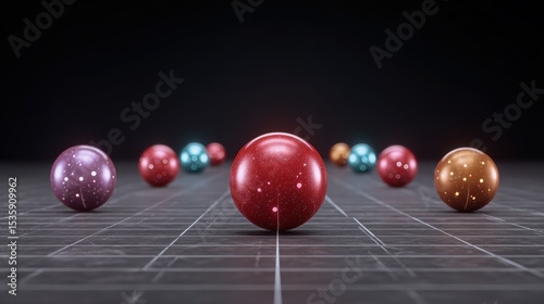 Experiment physics controlled concept. Abstract visualization of colorful spheres positioned in a grid-like space, suggesting dynamic movement and depth.