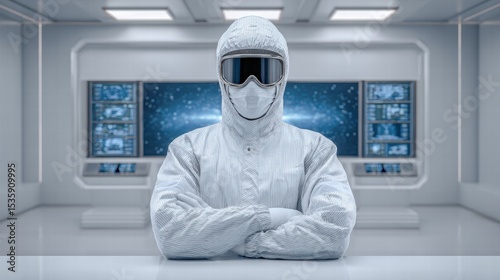 Experiment physics controlled concept. Futuristic figure in protective gear stands confidently in a high-tech environment.