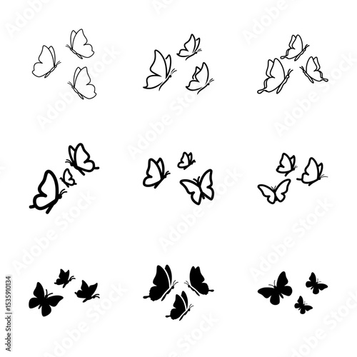 Vector Set of 9 Variations of Three Butterflies Flying on Transparent Background
