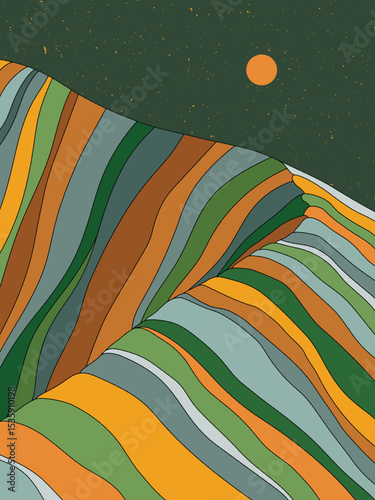 Geometric striped mountains. Wavy colorful landscape. 1960s retro poster