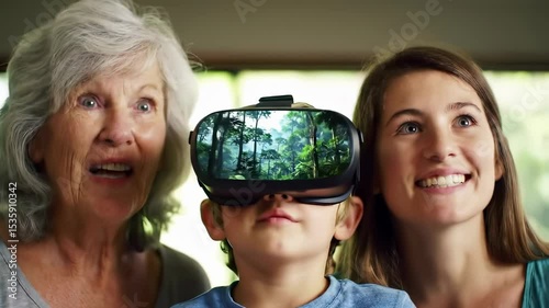 Caucasian Family Experiencing Virtual Reality Adventure with Headset                                           