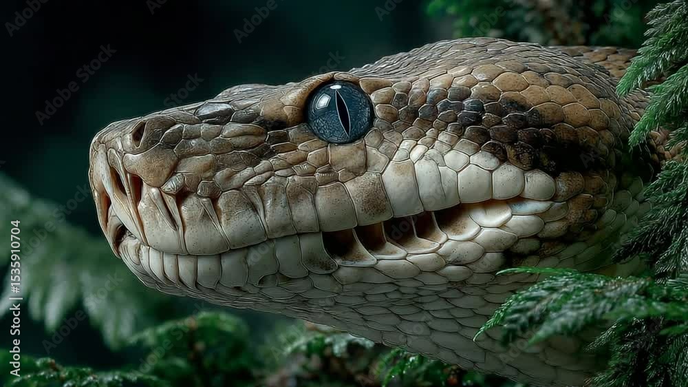 Detailed close-up of a venomous snake lurking amidst green foliage in its natural habitat Detailed close-up of a venomous snake lurking amidst green foliage in its natural habitat