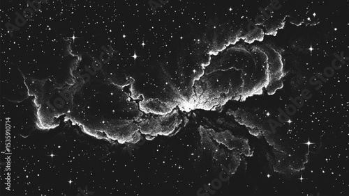 Massive supernova explosion with glowing nebula and cosmic dust illuminated by radiant cosmic energy spreading through deep space in stippling style. Dotwork. Pointillism art. Dots shading. Vector