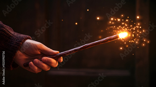 Hand holding a magic wand emitting sparks of light. Concept for fantasy, wizardry, enchantment, mystical powers, storytelling, and creative imagination