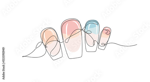 nails for nail salons and cosmetic product branding - one line doodle drawing with watercolor fill, minimalistic vector illustration on white background