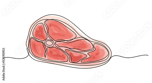 Raw meat piece for food design and butcher branding -  one line doodle drawing with watercolor fill, minimalistic vector illustration on white background	