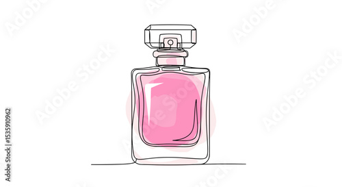 Pink perfume bottle for cosmetics and fragrance stores -  one line doodle drawing with watercolor fill, minimalistic vector illustration on white background	
