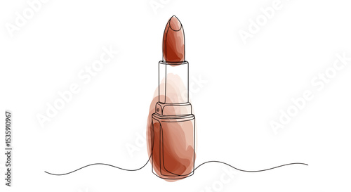 Chocolate brown lipstick in brown tube for beauty salons and cosmetics shops -  one line doodle drawing with watercolor fill, minimalistic vector illustration on white background	