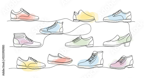 Pastel colored shoes set for fashion stores -  one line doodle drawing with watercolor fill, minimalistic vector illustration on white background for shoe boutiques