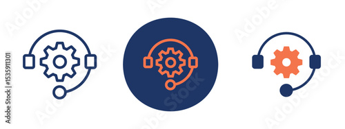 set of colored pixel perfect Technical support icon 3, 1 silhouette, 1 unexpanded, Gear and headset icon symbolizing 24/7 tech support.
