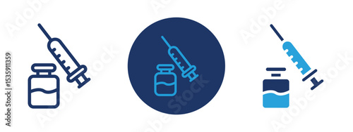 set of colored pixel perfect Vaccination icon 1, 1 silhouette, 1 unexpanded, Icon of syringe and vaccine vial for immunization.