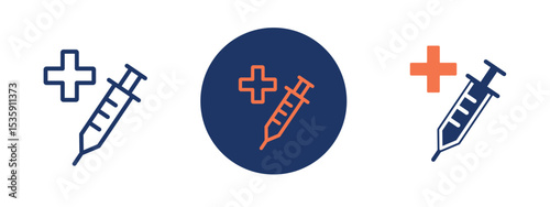 set of colored pixel perfect Vaccination icon 3, 1 silhouette, 1 unexpanded, Doctor administering vaccine icon.