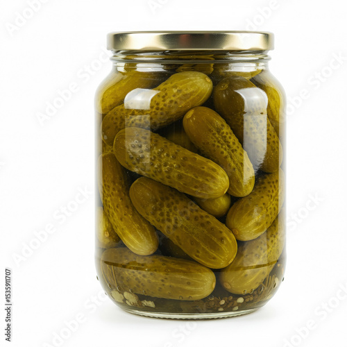 Glass jar with canned cucumbers isolated on white