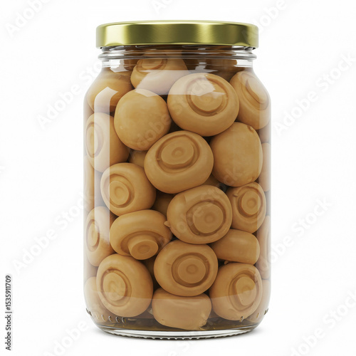 Glass jar with canned mushrooms isolated on white