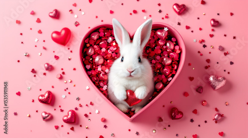 White bunny sitting inside heart-shaped bowl filled with candy, looking up surrounded by red hearts. Valentine’s Day or romantic gift concept. candy brand, love postcard, romantic merch concept