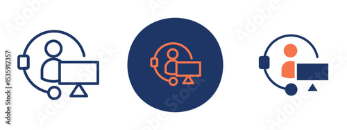 set of colored pixel perfect Helpdesk icon 3, 1 silhouette, 1 unexpanded, User support desk icon illustrating representative with microphone for assistance.