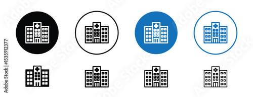 set of colored pixel perfect Hospital icon 2, 1 silhouette, 1 unexpanded, Detailed hospital icon illustrating multi-story medical building.