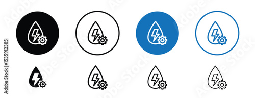 set of colored pixel perfect Hydro power icon 2, 1 silhouette, 1 unexpanded, Water turbine icon representing hydroelectric power and renewable energy.