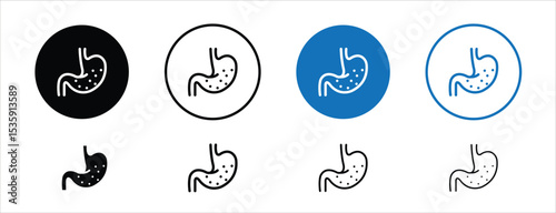 set of colored pixel perfect Stomach icon 2, 1 silhouette, 1 unexpanded, Internal organ stomach icon for gastrointestinal care.